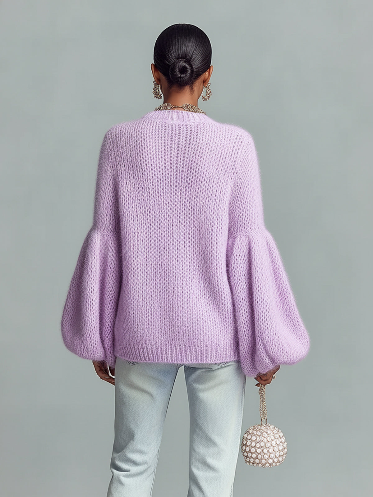 Taidalw Chic Vintage Lavender Crew Neck Button Details Oversized Bell Sleeve Fuzzy Knit Cardigan