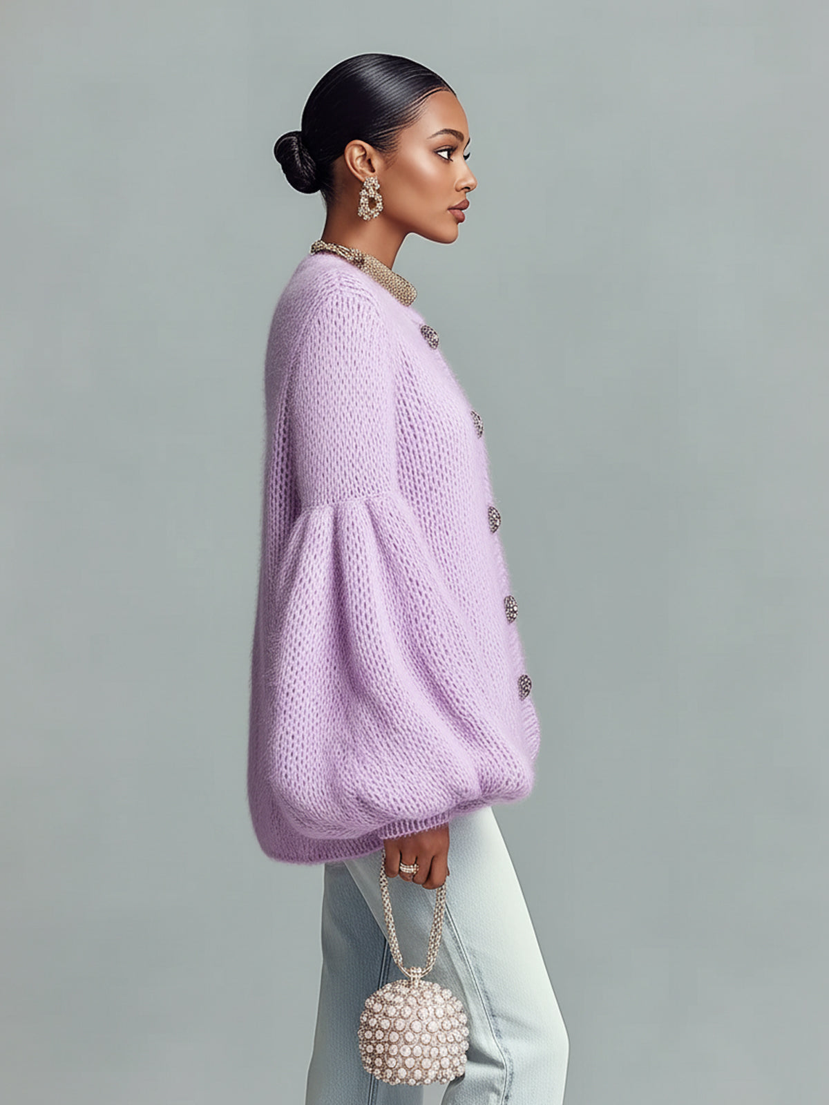 Taidalw Chic Vintage Lavender Crew Neck Button Details Oversized Bell Sleeve Fuzzy Knit Cardigan