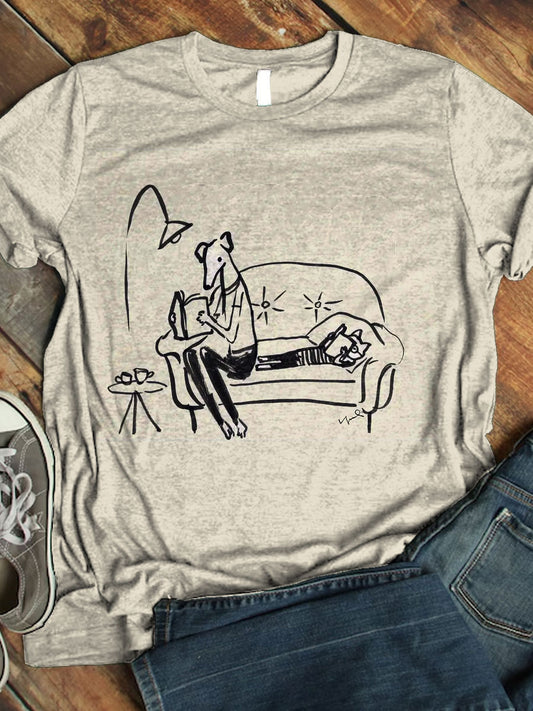 Book Lover Dog Cat Art Print Casaul Short Sleeve T-shirt