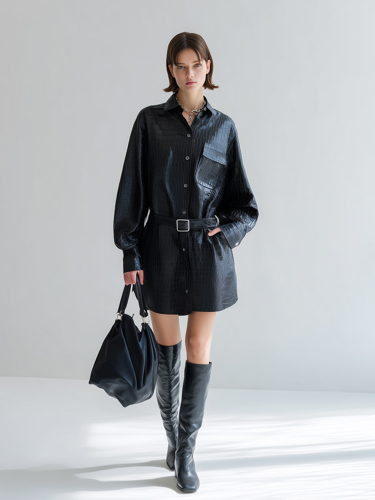Taidalw Chic Vintage Black Crocodile PU Lapel Single-Breasted Long Sleeve Belted Oversized Mini Shirt Dress