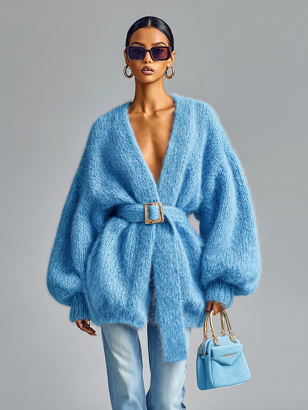 Taidalw Chic Vintage Lavender V-Neck Belted Lantern Sleeve Oversized Knit Mid-Length Cardigan