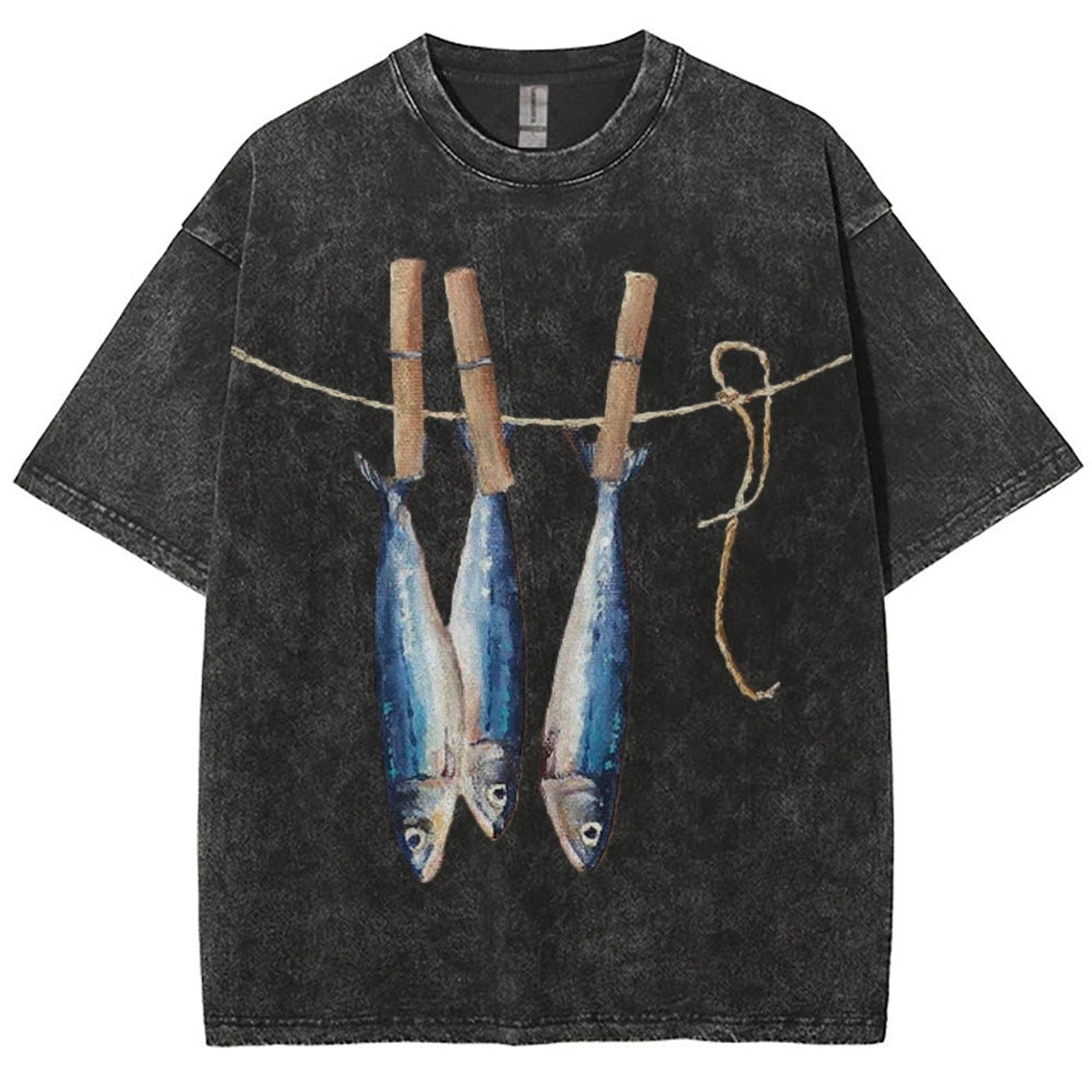 Unisex Sardines Printed Casual Washed T-shirt