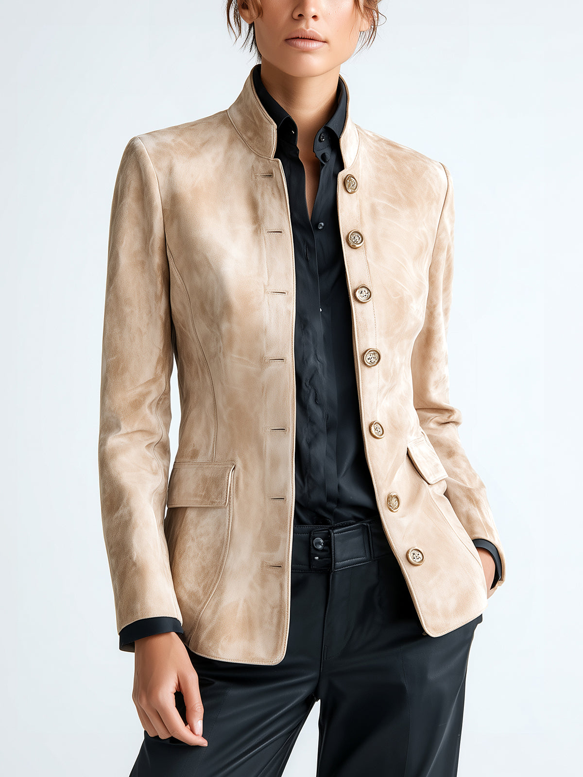 Taidalw Chic Vintage Beige Faux Suede Stand Collar Single-breasted Slim-Fit Sophisticated Blazer