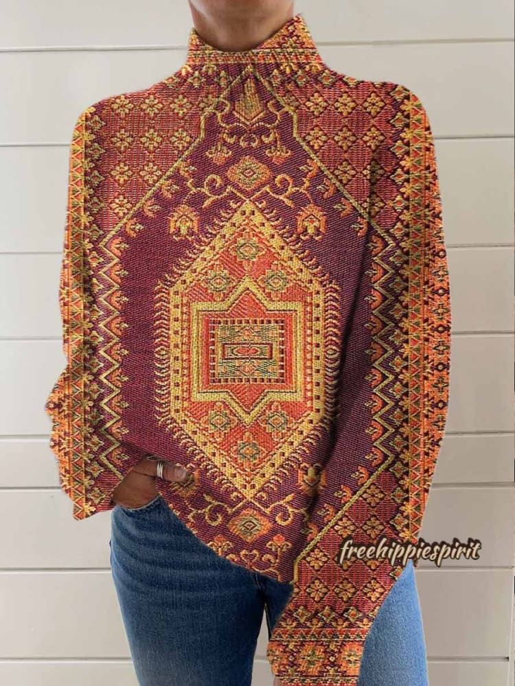 Women's Vintage Ethnic Floral Art Print Knit Turtleneck Pullover Sweater