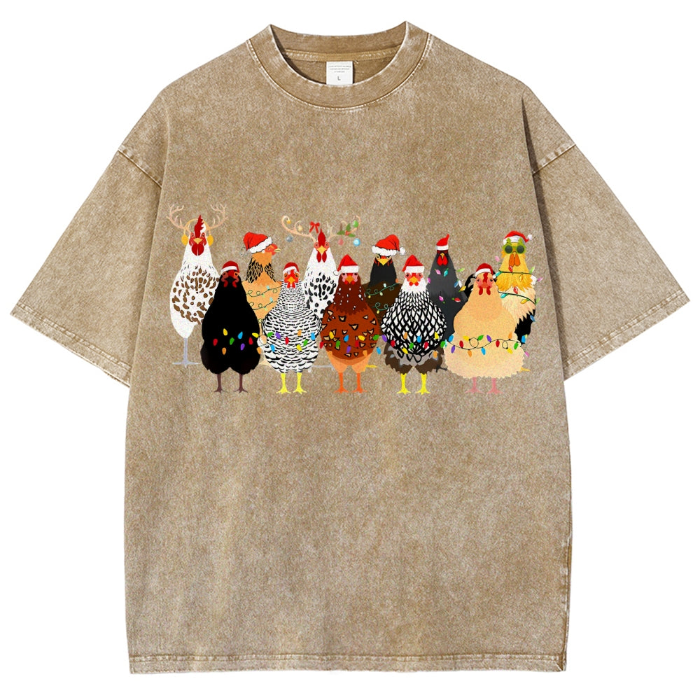 Unisex Christmas Chicken Printed Washed Tee