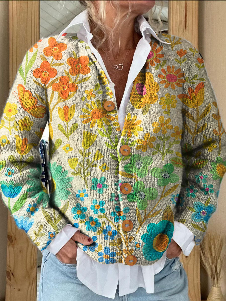 Women's Floral Art Patchwork Button Cardigan