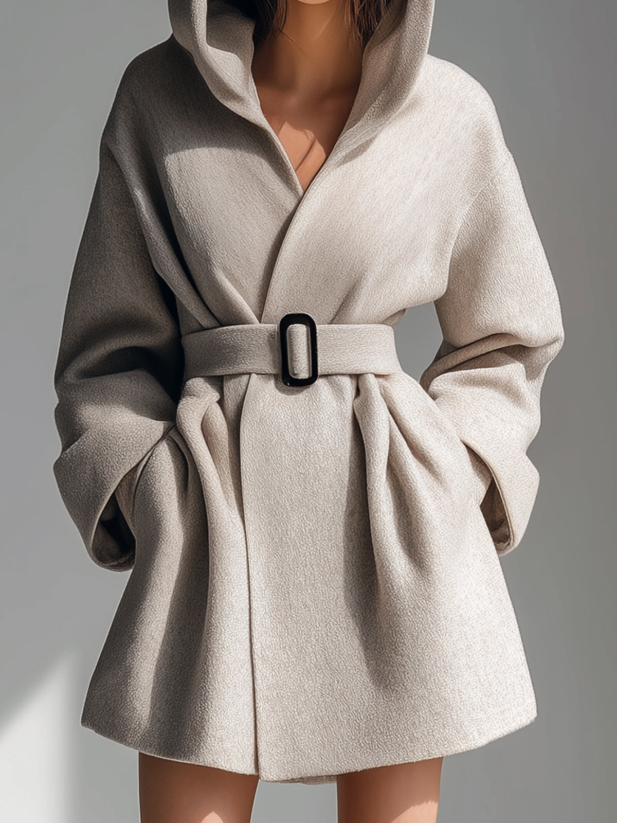 Taidalw Chic Vintage Beige Gray Wool Blend Hooded Belted Slouchy Short Coat