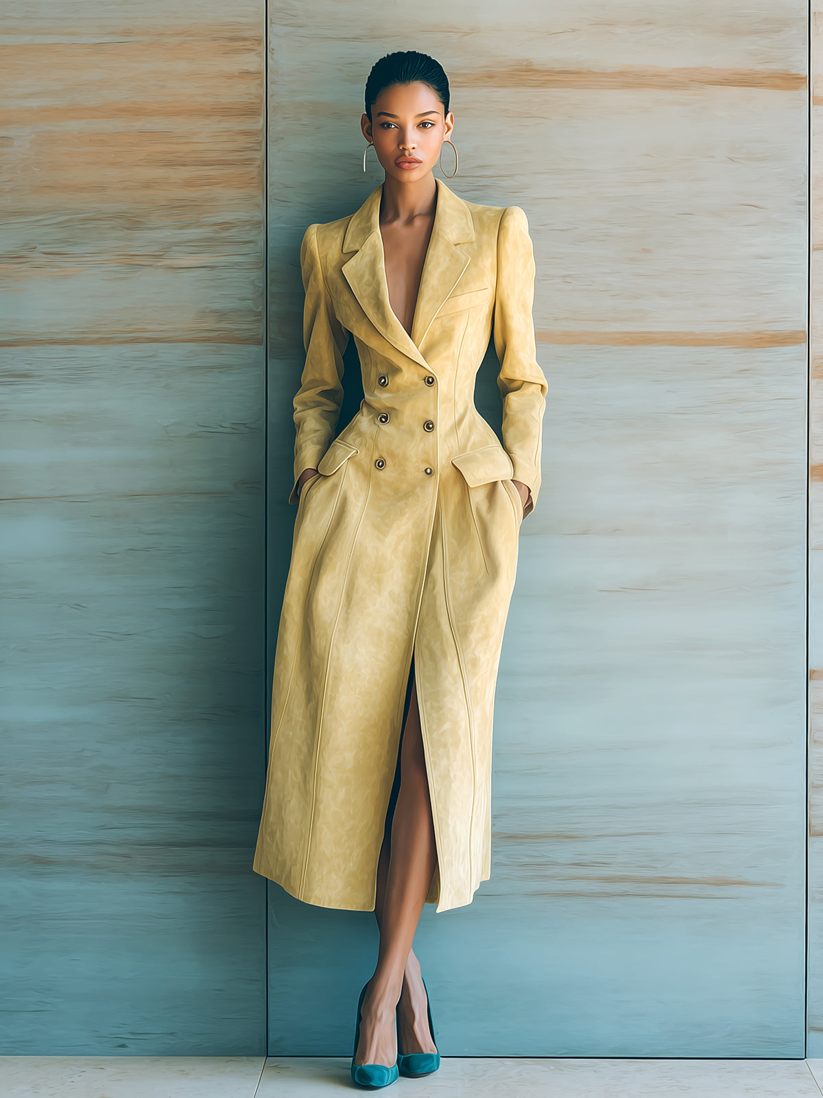 Taidalw Elegant Vintage Mustard Yellow Faux Suede Notched Collar Double-Breasted Slim-Fit Maxi Blazer Dress