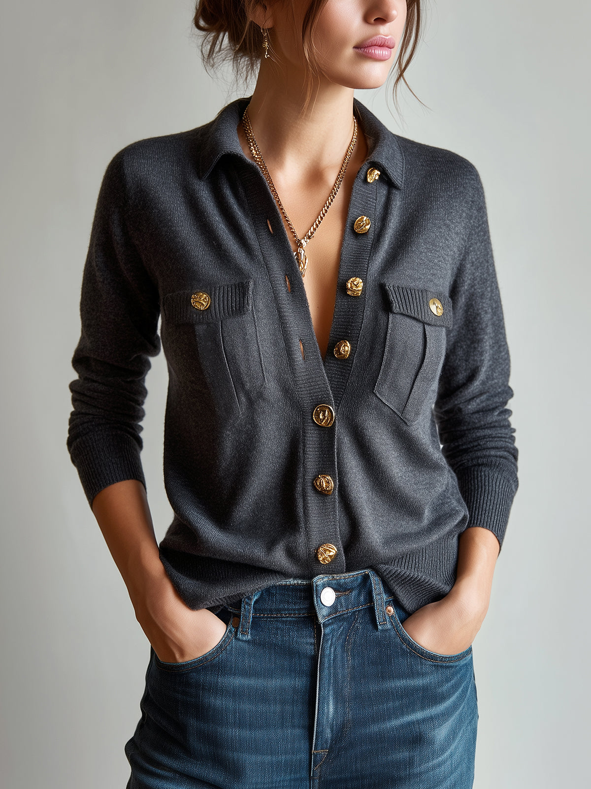 Taidalw Vintage Elegant Lapel Gold Embellished Button Single Breasted Double Pocket Knit Cardigan
