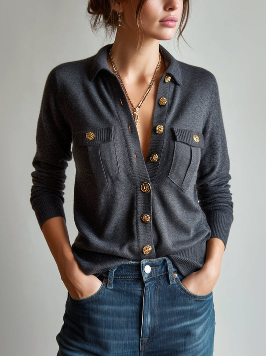 Taidalw Vintage Elegant Lapel Gold Embellished Button Single Breasted Double Pocket Knit Cardigan