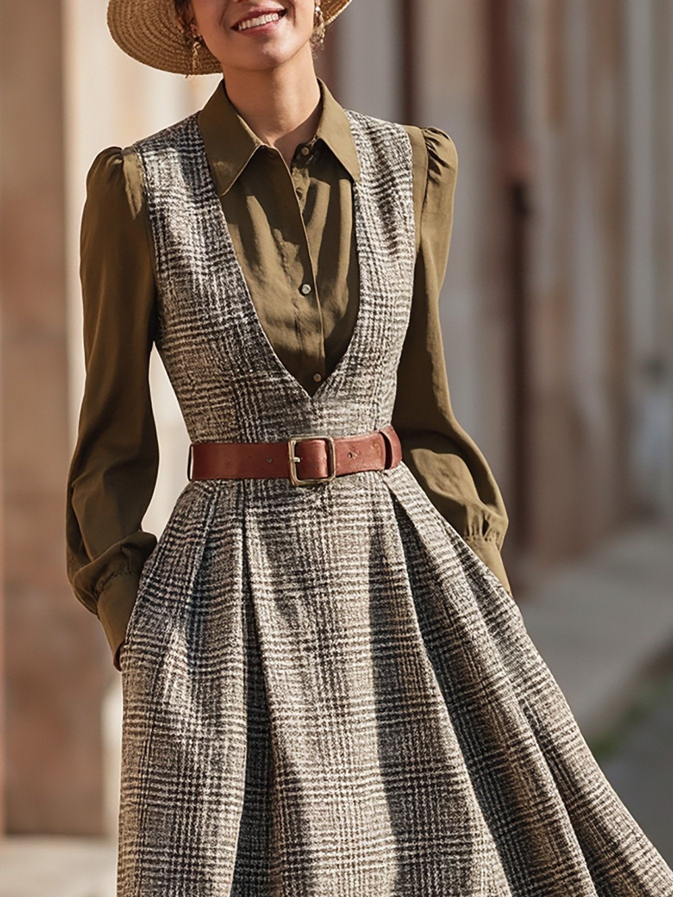 Maxi Wool Vest Dress (Shirt not included), Sleeveless, V Neck, Plaid, Belt Design, Vintage, Gray-brown