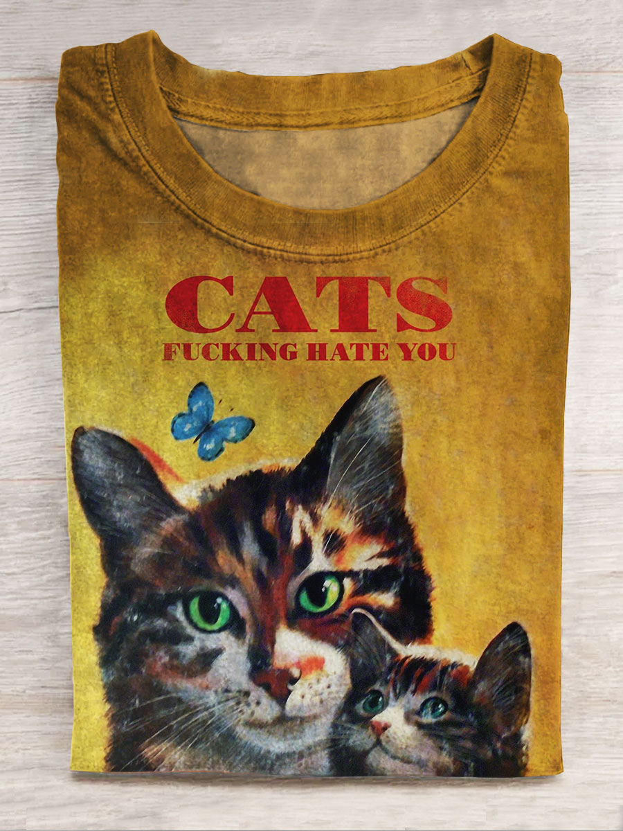 Cats Fucking Hate You Print Casual Short Sleeve Top