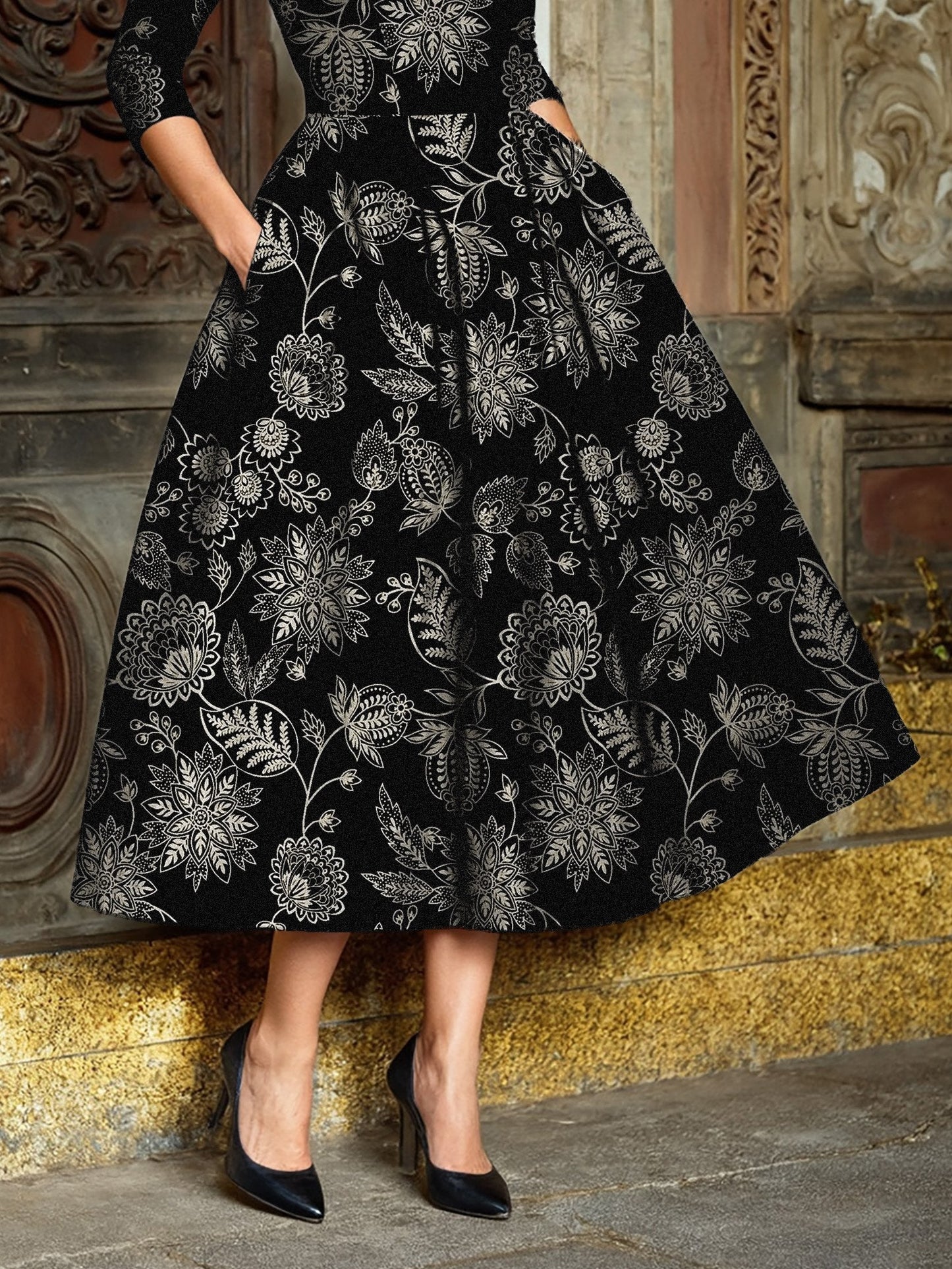 Midi Linen Dress, Half Sleeve, Stand Collar, Paisley, Floral, Pocket Design, Vintage, Black