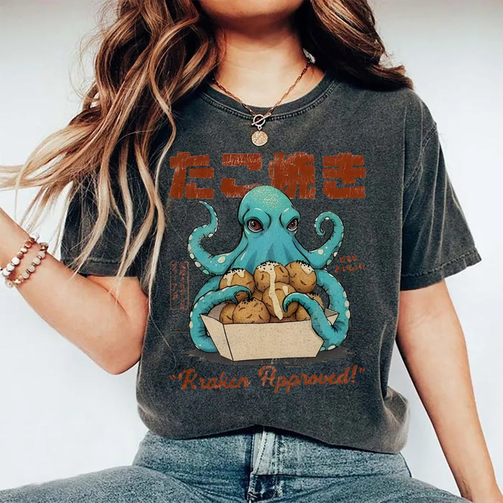 Unisex Japanese Octopus Printed Washed Tee