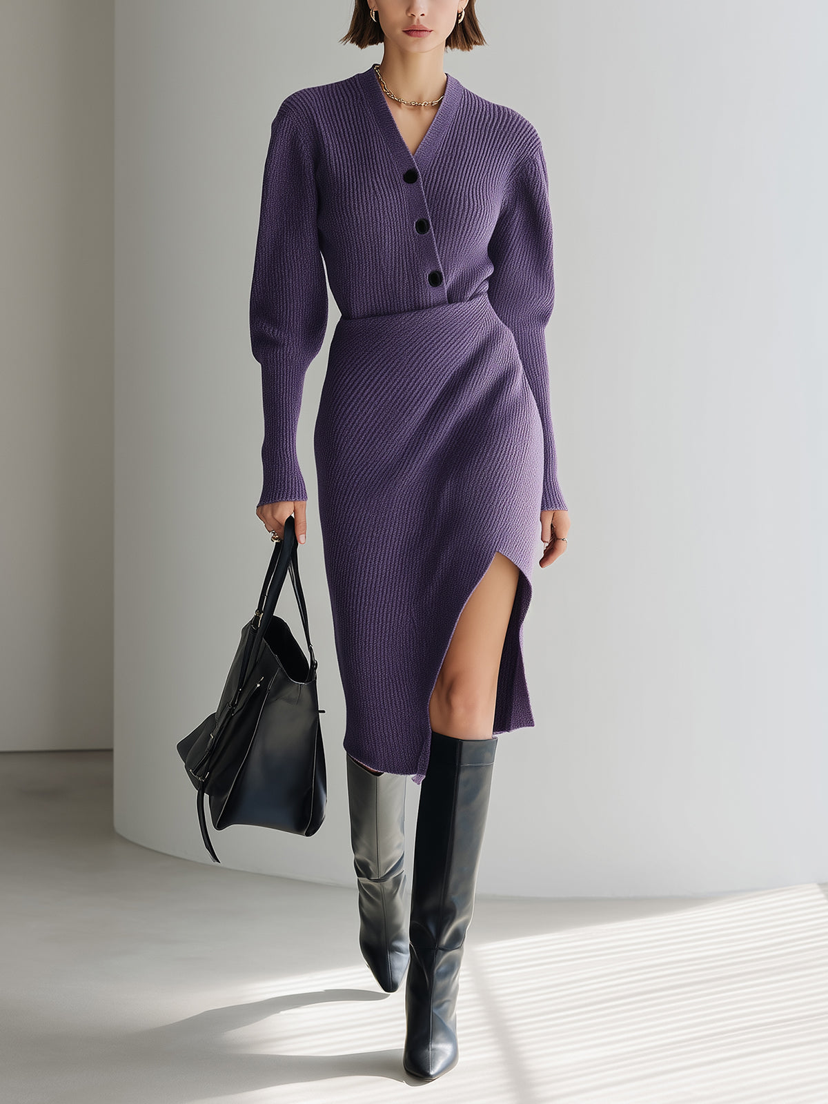 Taidalw Chic Vintage Purple V-Neck Button-Front Long Sleeve Cardigan Top Bodycon Side Slit Midi Skirt Knit Two-Piece Set