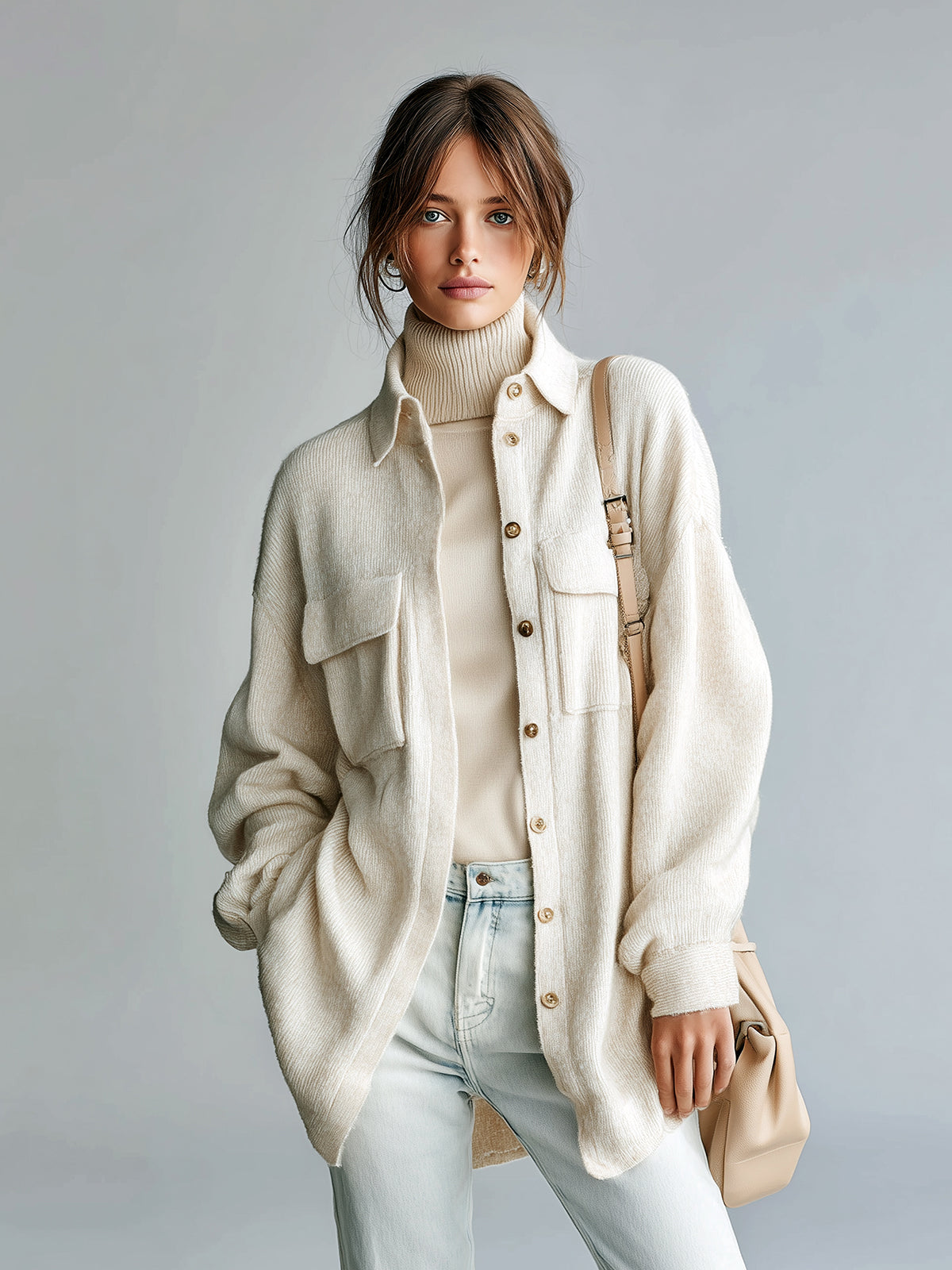 Taidalw Chic Vintage Cream White Lapel Single-Breasted Utility Pocket Oversized Knit Shirt Cardigan