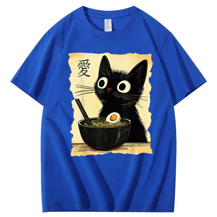 Funny Cat Ramen Graphic Tee Japanese Kawaii Anime Cat 100% Cotton T-Shirt