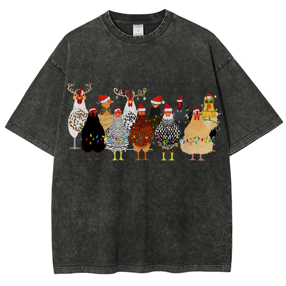 Unisex Christmas Chicken Printed Washed Tee