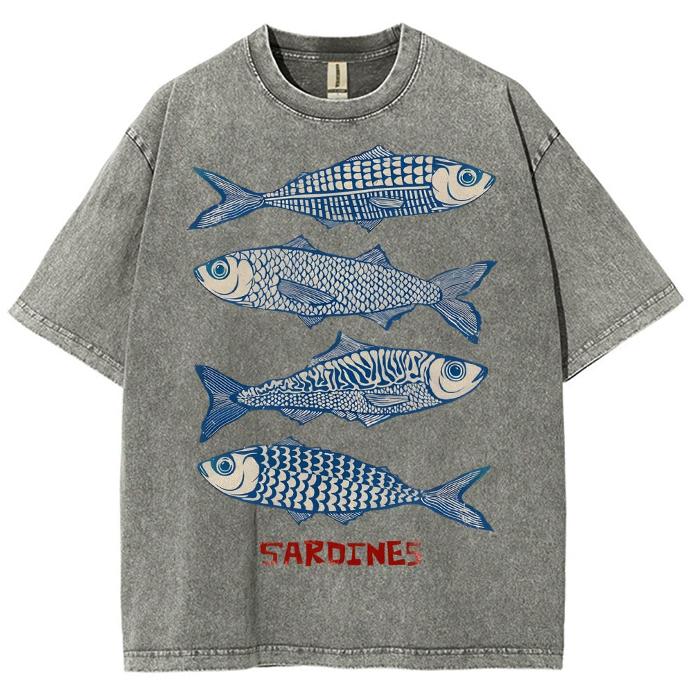 Unisex Sardines Printed Washed Tee