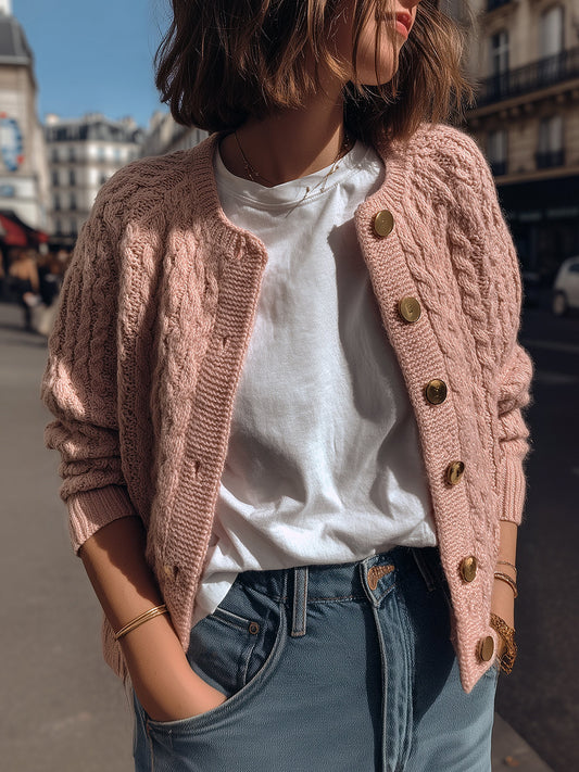 Taidalw Chic Elegant Nude Pink Cable Knit Crew Neck Gold Button Cropped Cardigan