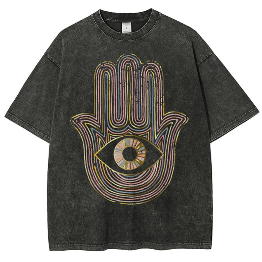 Unisex Geometric Hand Eyes Printed Washed Tee