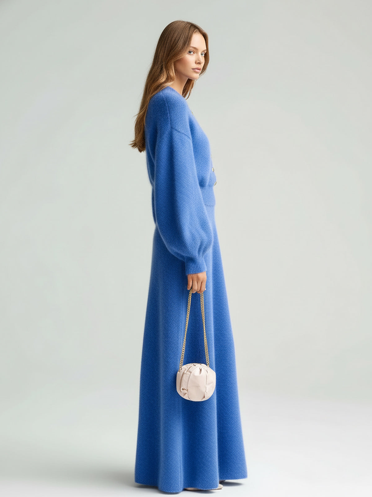 Taidalw Chic Vintage Royal Blue Round-Neck Button-Front Long Lantern Sleeve Sweater And A-line Maxi Skirt Knit Two-Piece Set