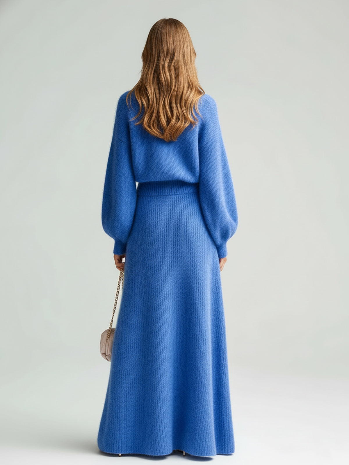 Taidalw Chic Vintage Royal Blue Round-Neck Button-Front Long Lantern Sleeve Sweater And A-line Maxi Skirt Knit Two-Piece Set