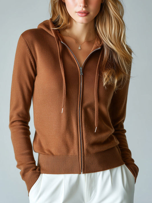 Taidalw Chic Casual Caramel Brown Hooded Full-Zip Drawstring Slim-Fit Knit Cardigan