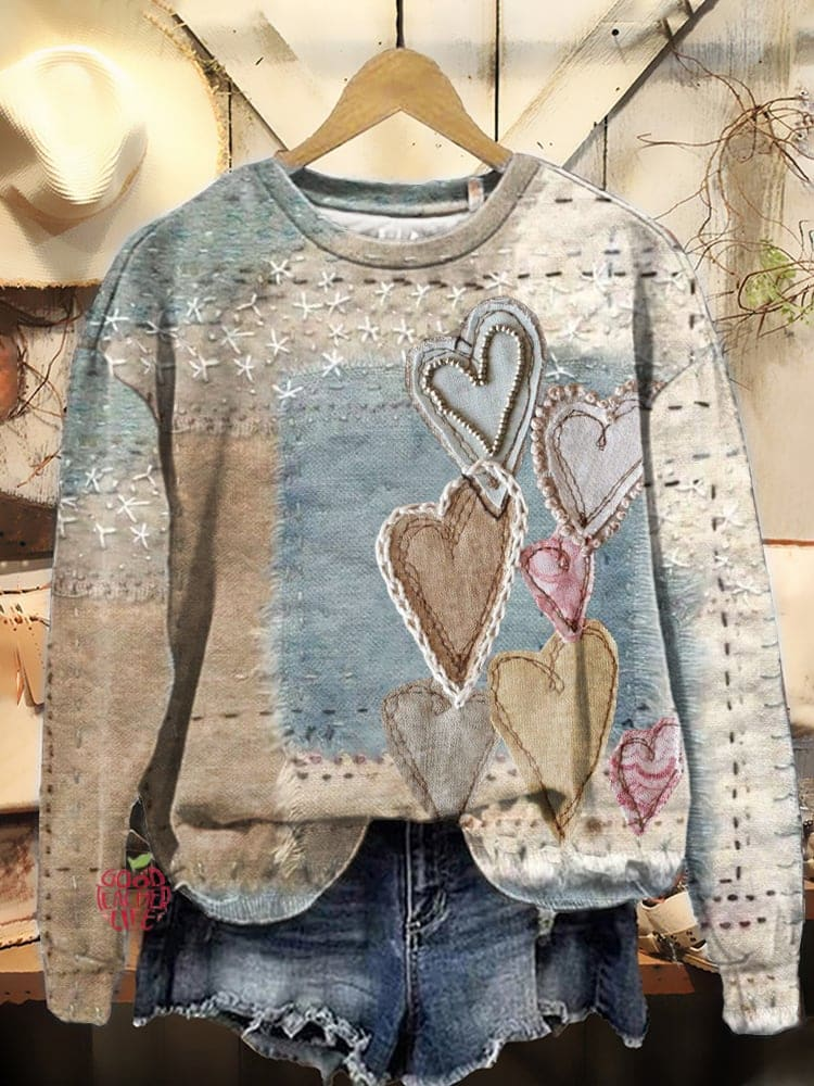 Valentine'S Day Vintage Heart Pattern Crew Neck Sweatshirt