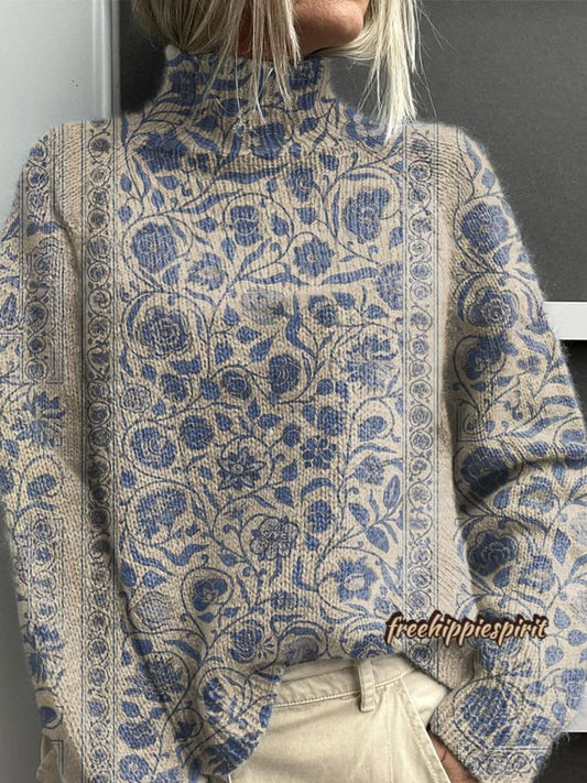 Vintage Floral Art Print Knitted Turtleneck Pullover Sweater