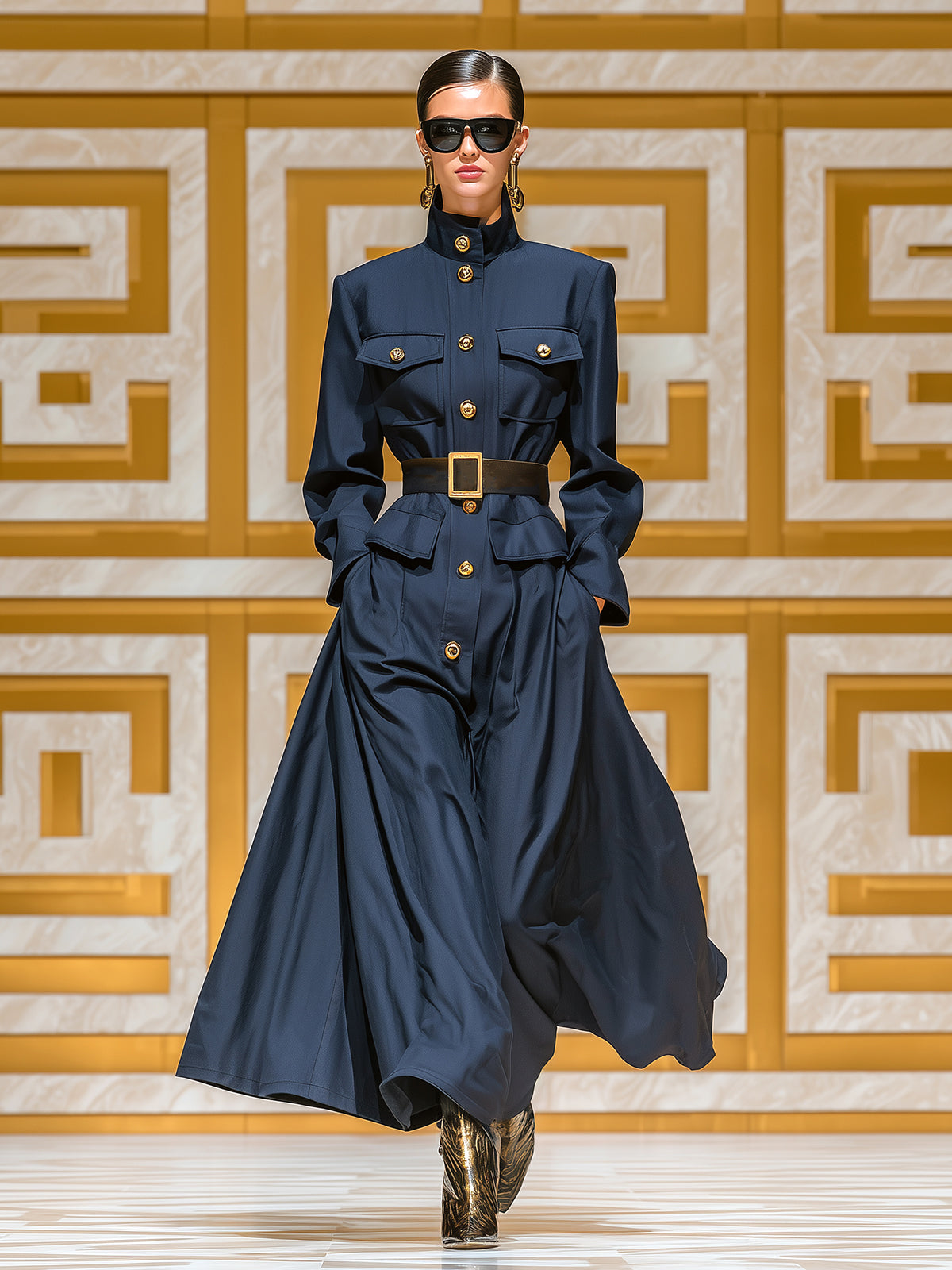 Taidalw Chic Casual Navy Blue Cotton Blend Stand Collar Single Breasted Utility Pocket Belted Maxi Dress Coat