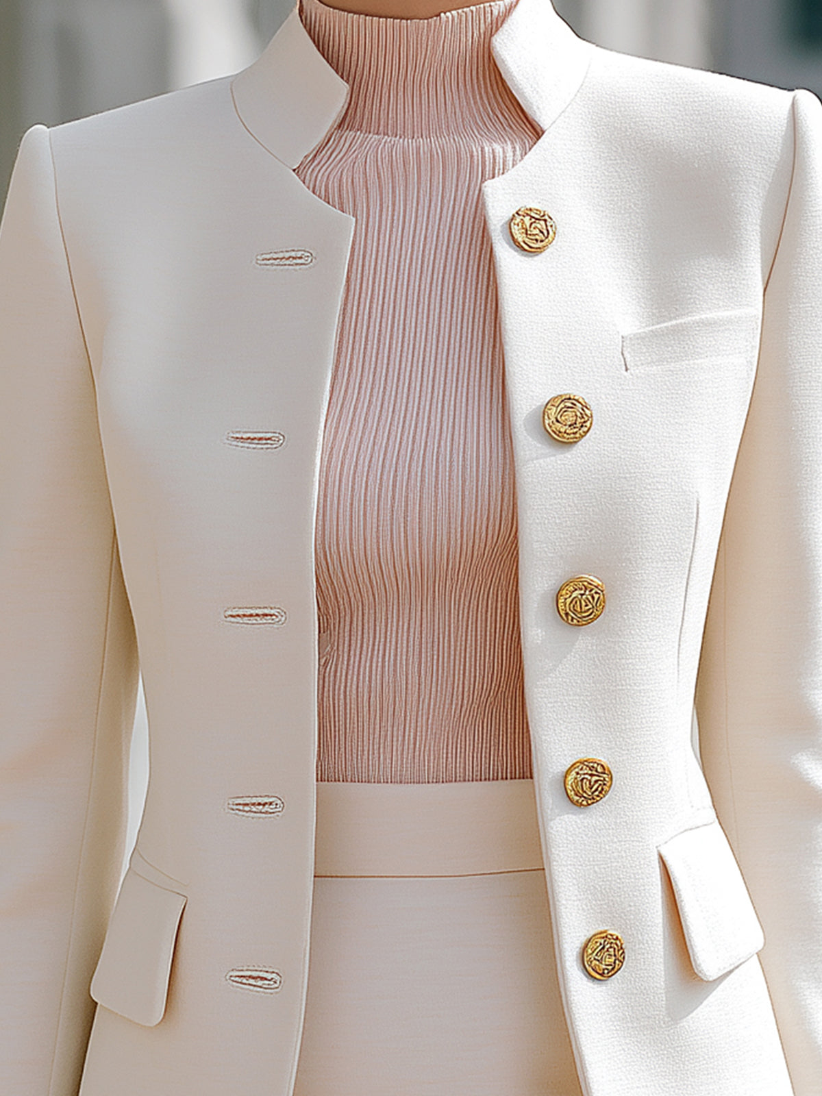 Taidalw Chic Elegant Ivory Wool-blend Stand-collar Single-breasted Slim-fit Blazer