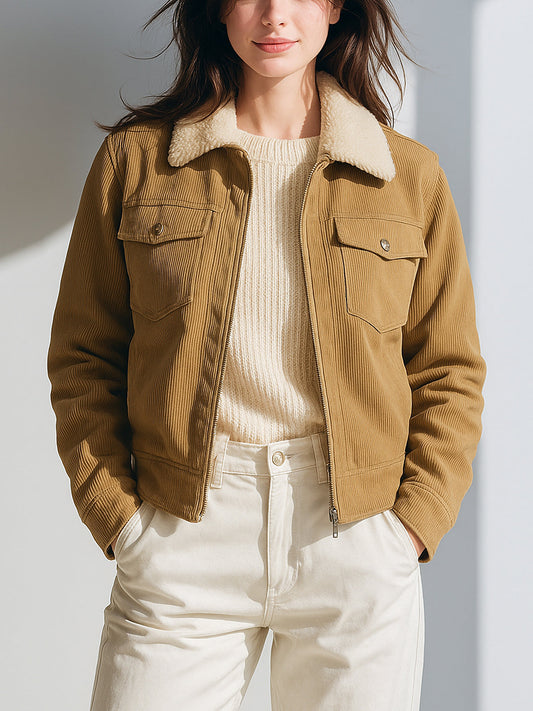 Taidalw Casual Vintage Khaki Corduroy Faux Shearling Lapel Collar Zip-Up Cropped Jacket