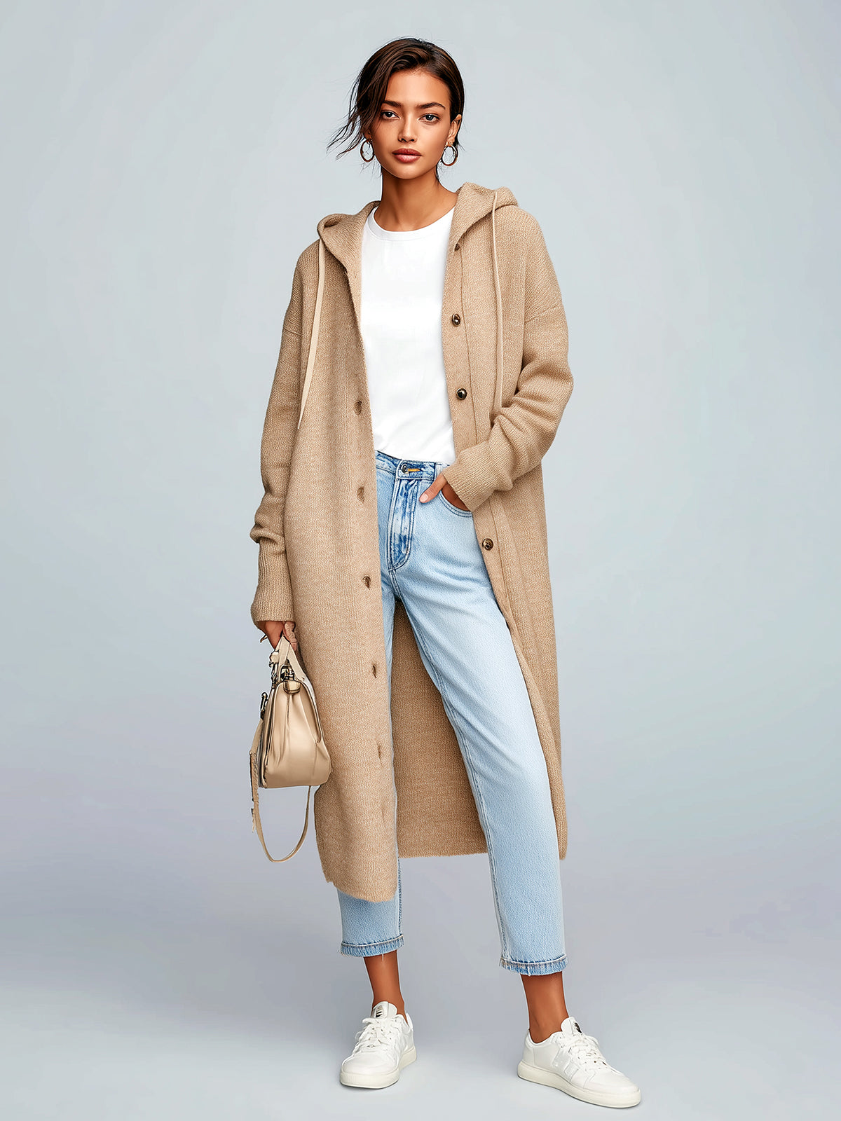 Taidalw Chic Vintage Khaki Hooded Single-Breasted Maxi-Length Slouchy Knit Cardigan