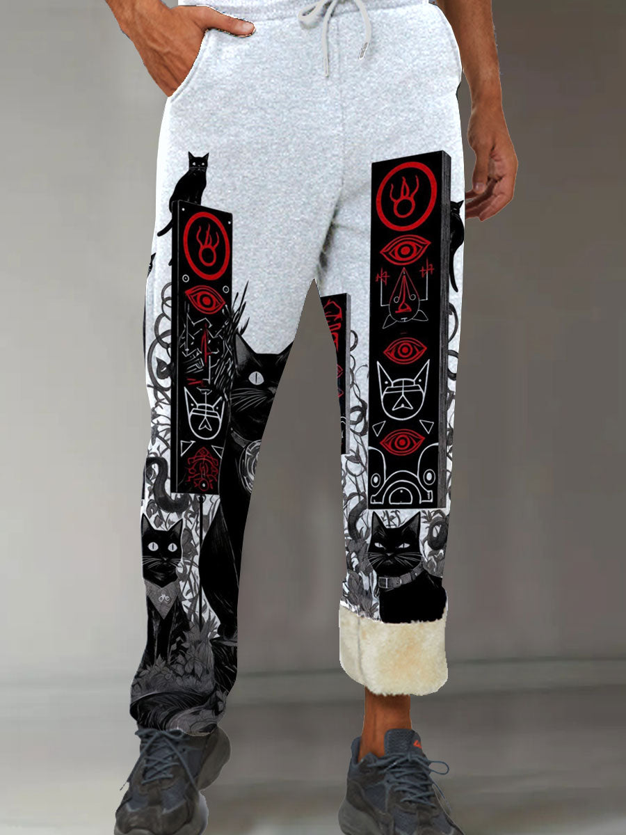 Men's Cat Art Print Casual Winter Fleece Comfy Pants