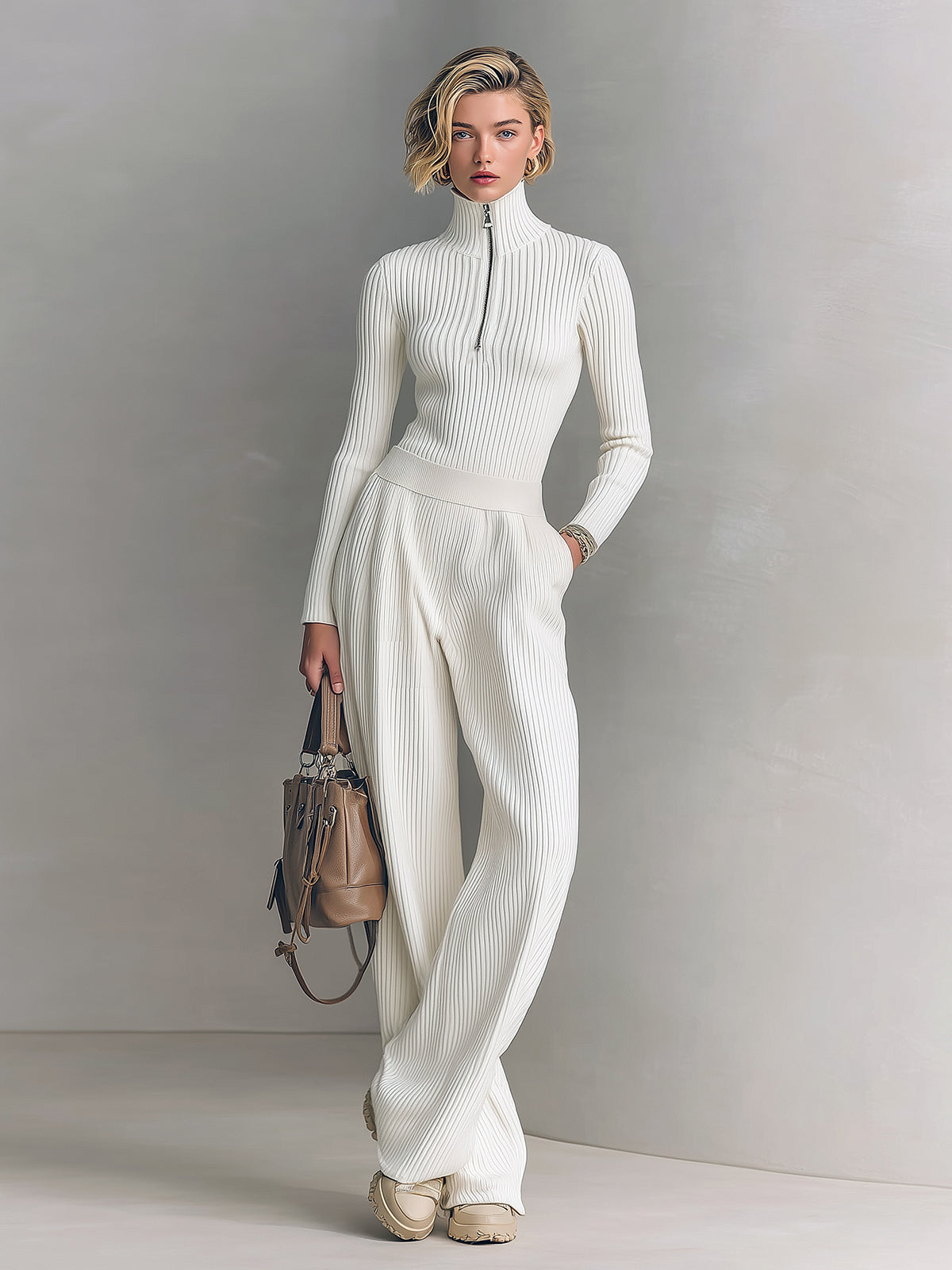 Taidalw Chic Elegant Zip-up Mock Neck Slim-Fit Sweater Elastic Waist Wide-Leg Pants Knit Two-Piece Set