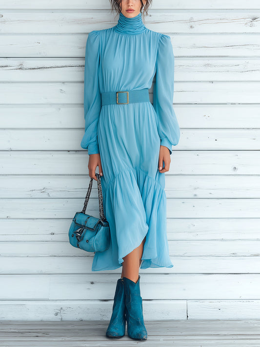 Taidalw Chic Vintage Blue Chiffon Turtleneck Long Lantern Sleeve Belted Tailored Waist Ruffled Hem Maxi Dress