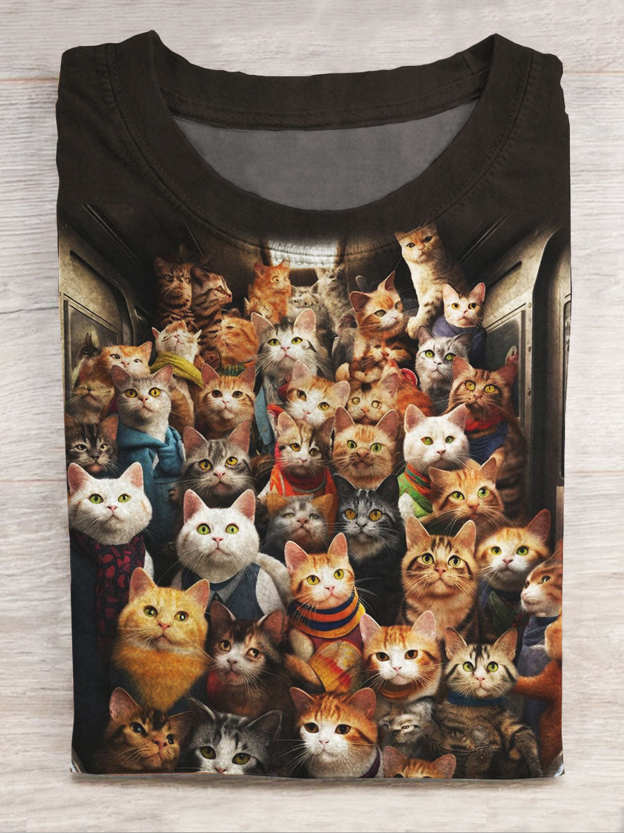 Cute Cat Print Casual Short Sleeve Top