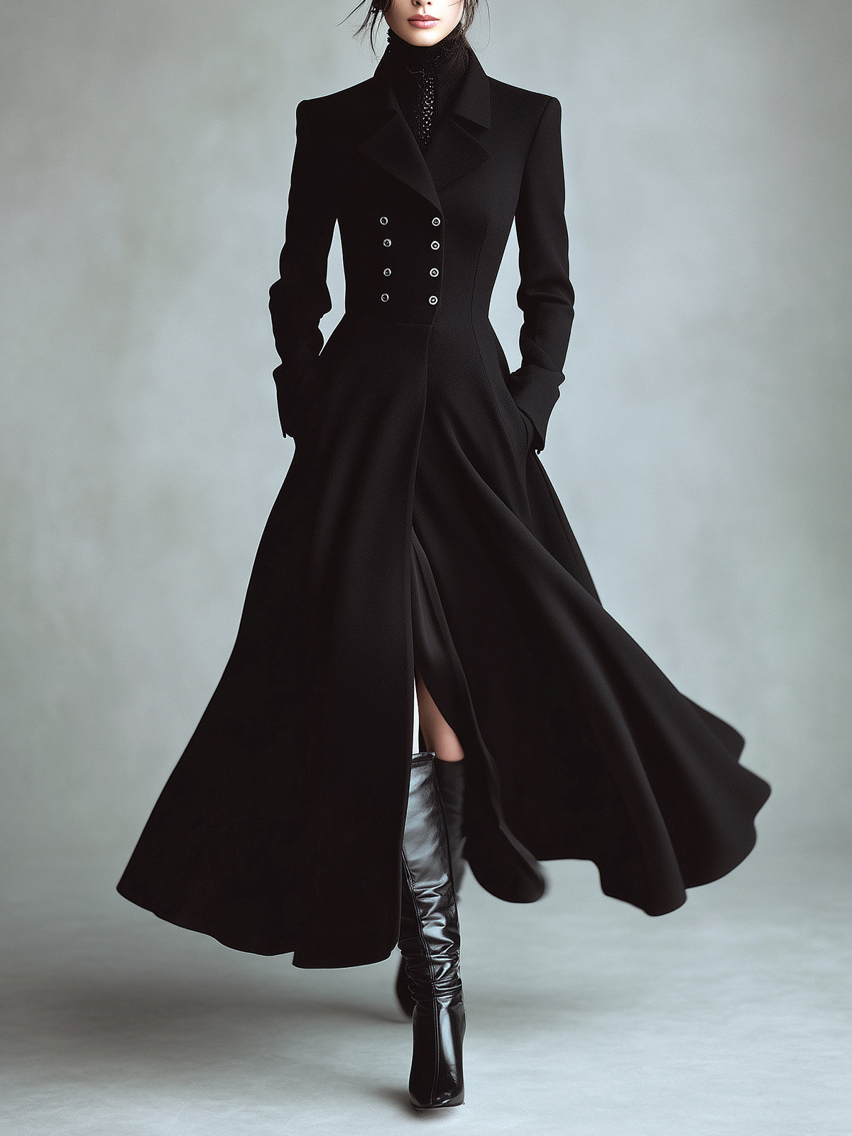 Taidalw Elegant Vintage Wool Blend Lapel Double-Breasted Tailored Waist Maxi Dress Coat