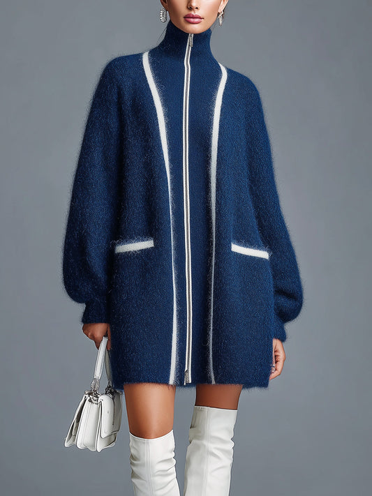 Taidalw Chic Vintage Navy Blue Stand Collar Zipper-Front Lantern Sleeve Contrast Trim Details Oversized Cardigan