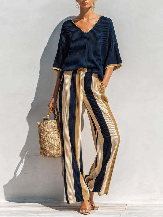 Taidalw Chic Casual Navy Blue Colorblock V-neck Short-Sleeve Loose Sweater Striped Wide-Leg Pants Knit Two-Piece Set