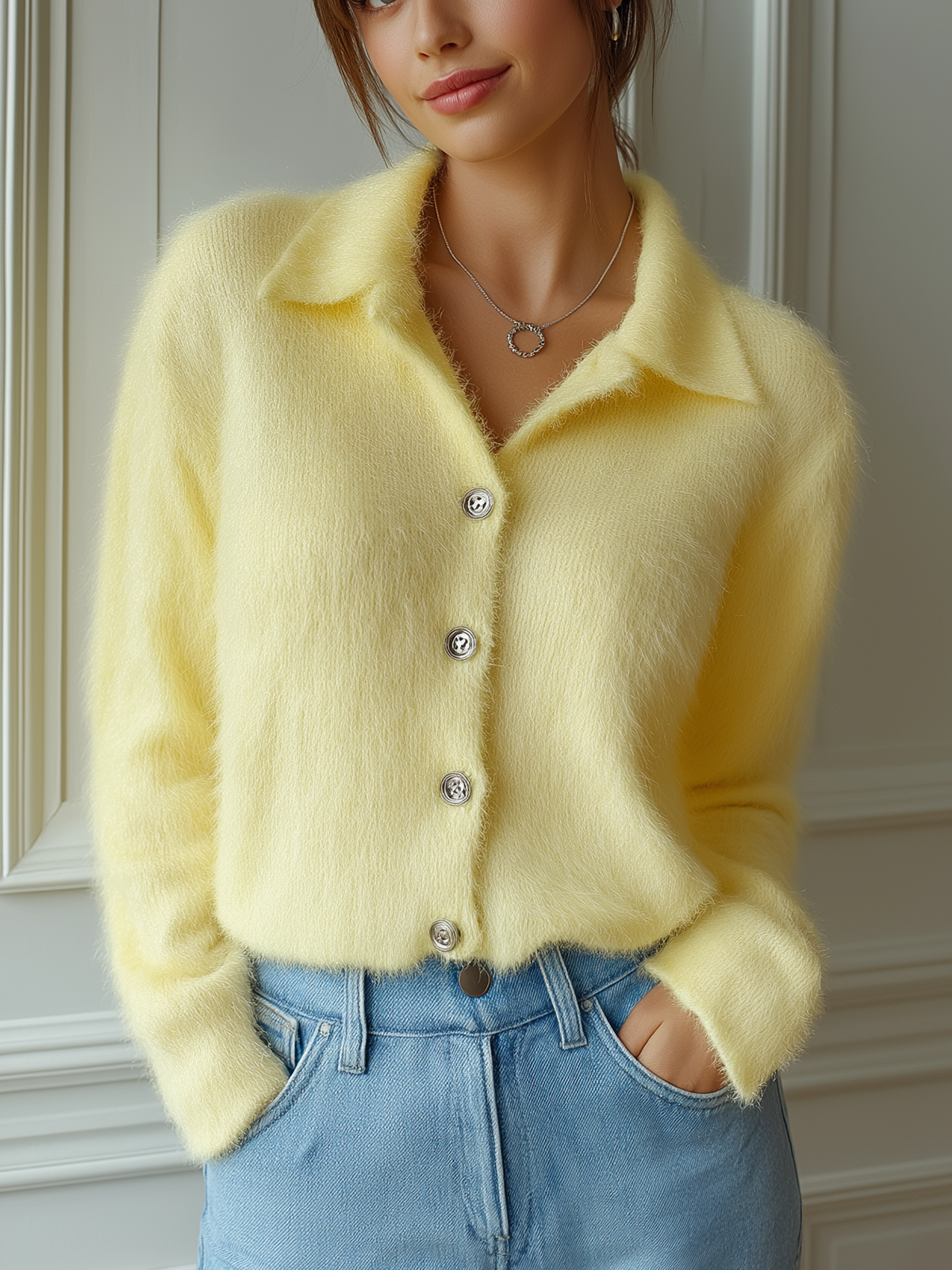 Taidalw Chic Vintage Yellow Lapel Single-Breasted Long Sleeve Oversized Fuzzy Knit Cardigan