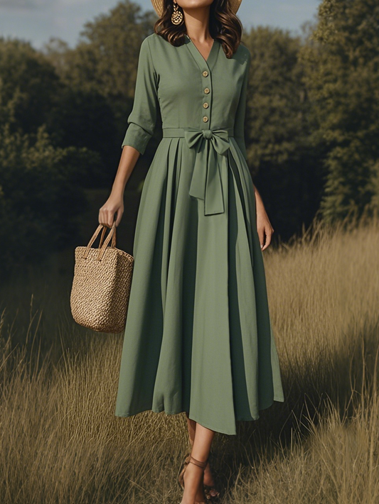 Midi Cotton Dress, Casual, Plain, Pocket Stitching, Half Open Collar, Half Sleeve, Vintage, Green