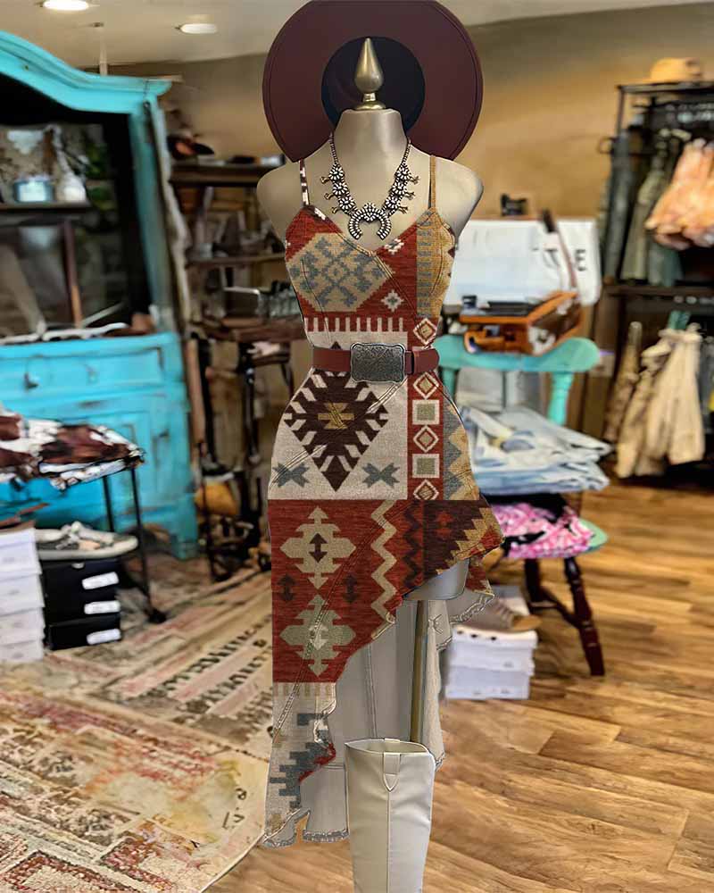 Western Cowboy Ethnic Prints Irregular Ruffle Hem Slim Cami Dress