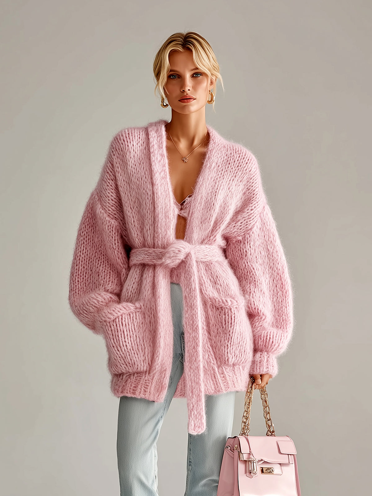 Taidalw Chic Vintage Pink V-Neck Oversized Tie-Waist Patch Pocket Fuzzy Knit Cardigan