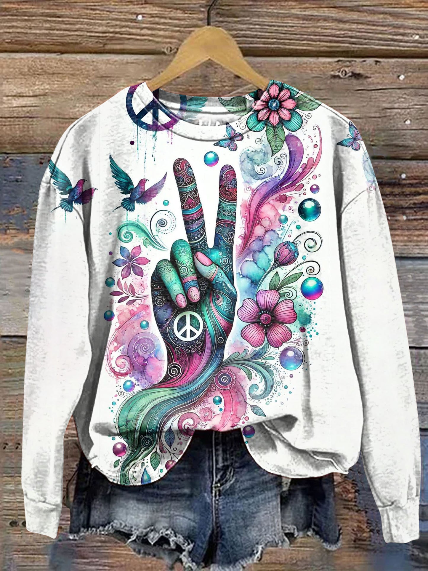 Floral Peace Dove Scissorhands Hippie Art Print Casual Sweatshirt