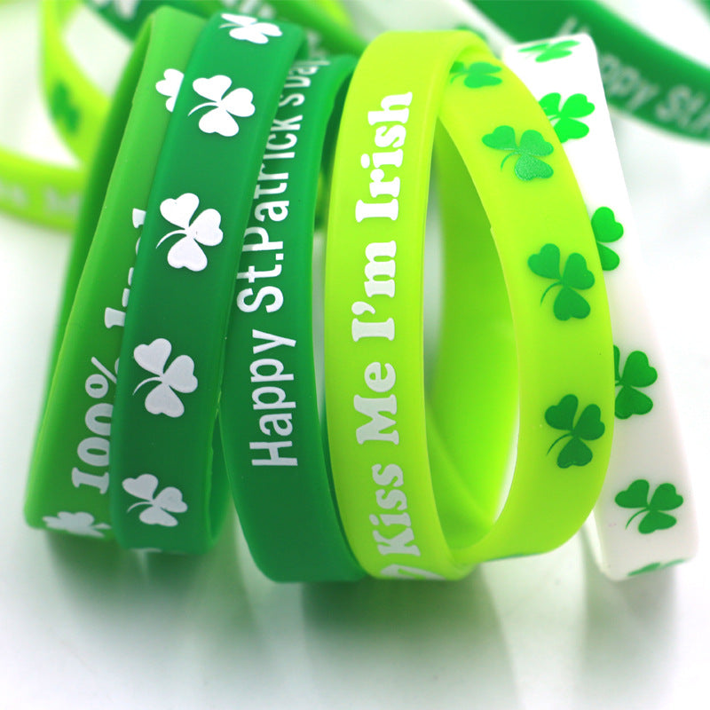 Cross Border Silicone Wristband, Green Wristband, Linen Banner, Irish Festival Gift, Clover Bracelet, Wrist Strap