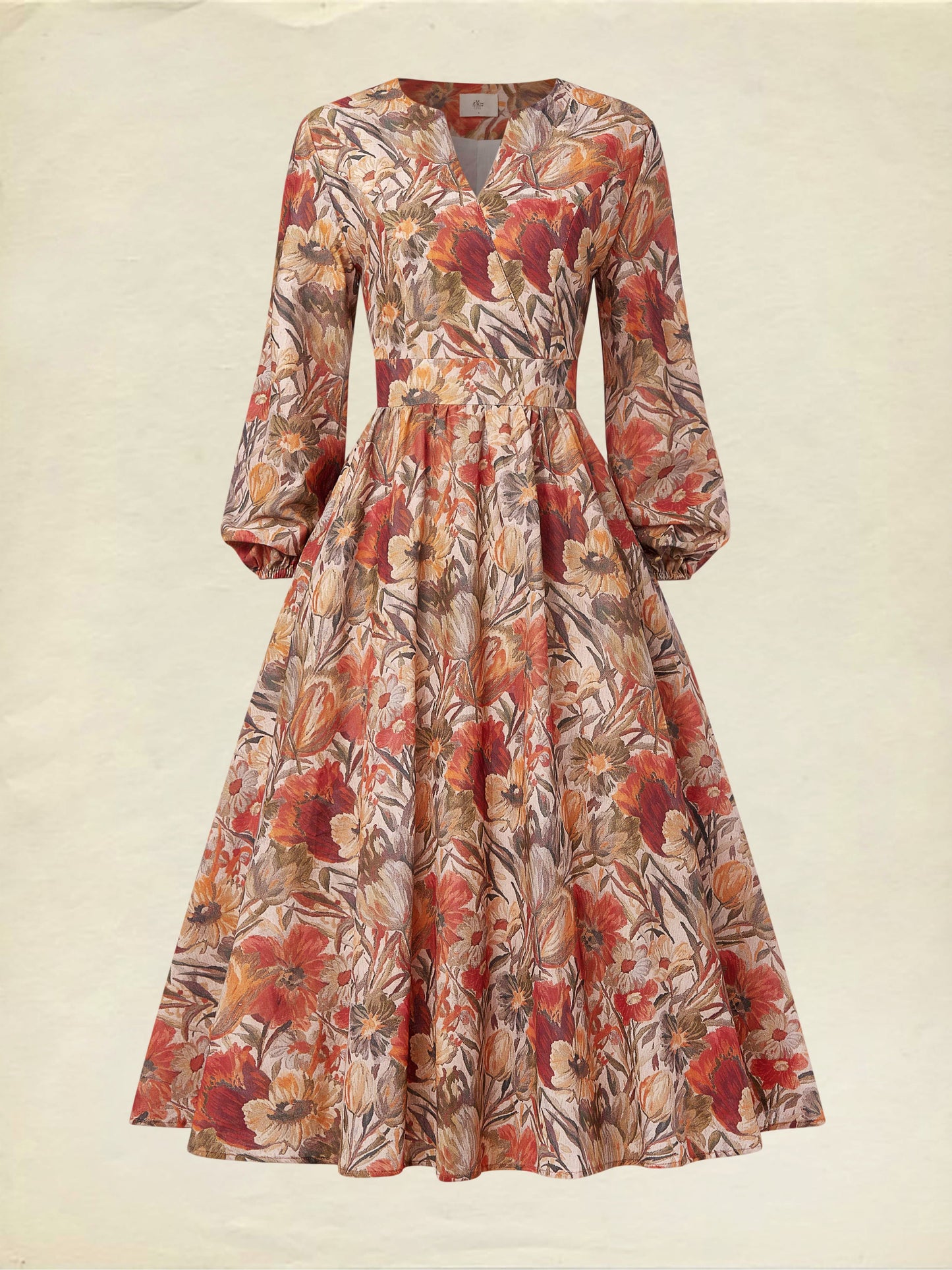 Midi Linen Dress, Long Sleeves, V Neck, Floral, Pocket Design, Vacation, Vintage, Yellow Brown