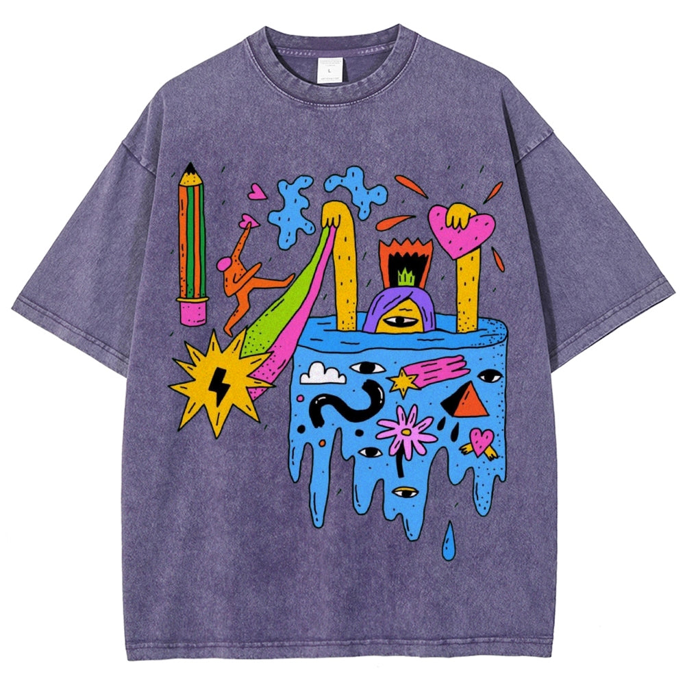 Unisex Abstract Art Eyes Printed Washed Tee