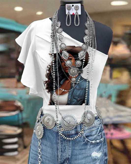 One Shoulder Ruffle Sleeve Cowboy Hat Girl Print Top